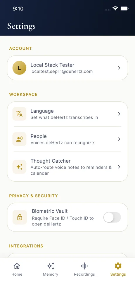 Settings: Language, People (voices deHertz can recognise), Thought Catcher, and a Biometric Vault toggle for Face ID
